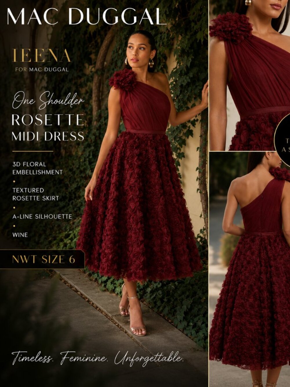 Mac Duggal Ieena One Shoulder Rosette Midi Dress Wine NWT Size 4 - Picture 2 of 6